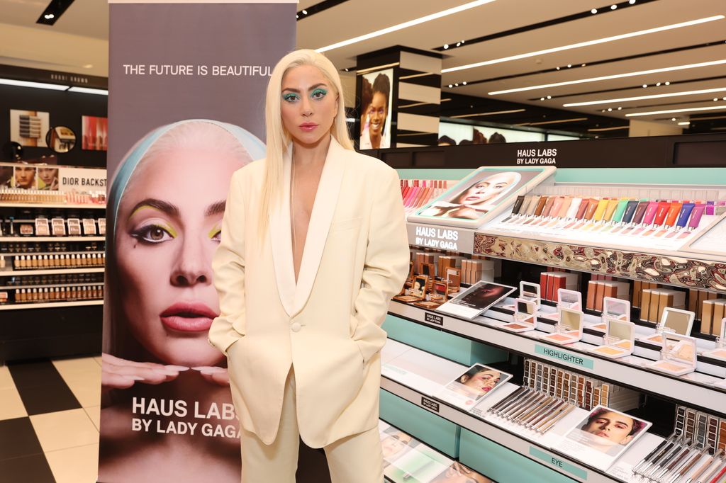 Lady Gaga makes a surprise appearance to celebrate the Launch of Haus Labs by Lady Gaga at Sephora Westfield Century City store in front the Haus Labs gondola on June 16, 2022 in Los Angeles, California.