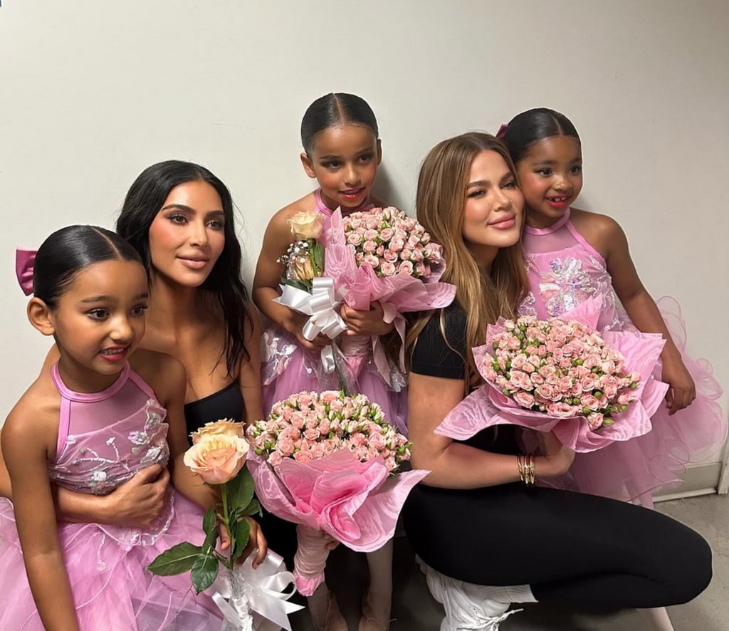 Photo shared by Khloé Kardashian on Instagram June 23, 2024 of her daughter true, plus Rob Kardashian's daughter Dream, Kim Kardashian's daughter Chicago at a dance recital