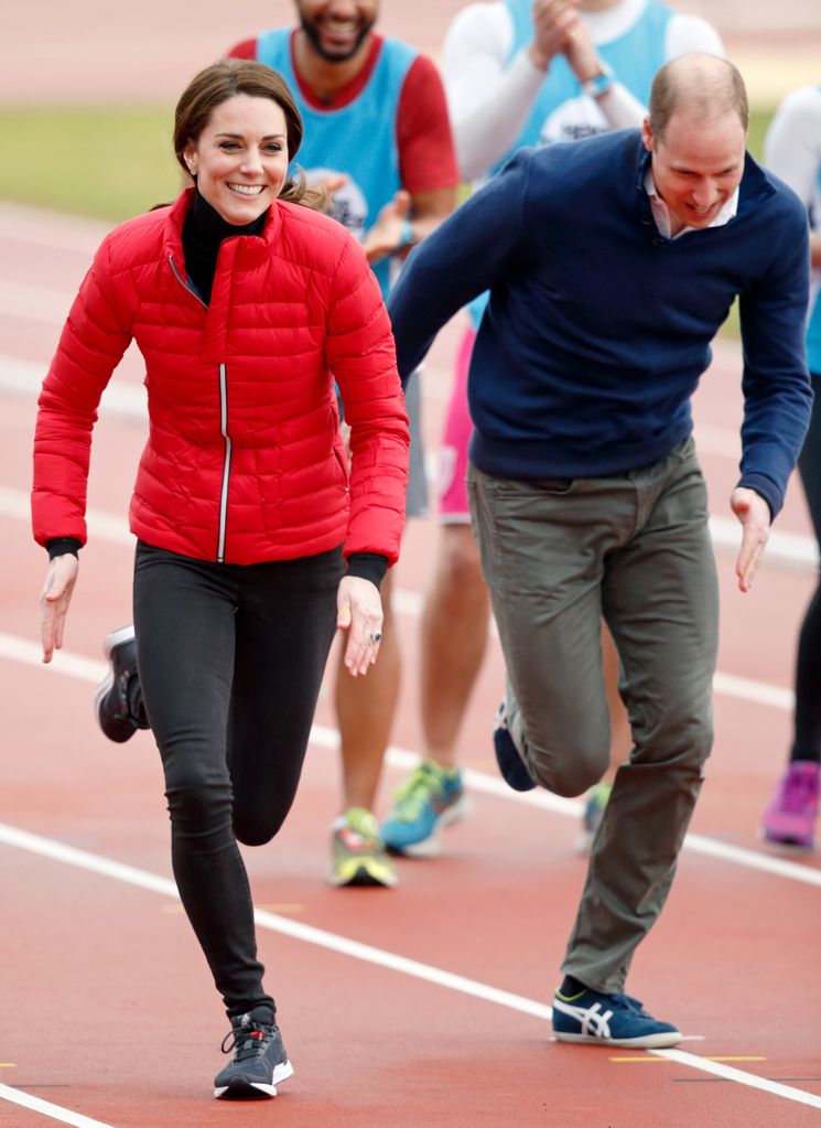 Catherine, Duchess of Cambridge and Prince William, Duke of Cambridge take part in a running race against Prince Harry as they join a Team Heads Together London Marathon Training 
