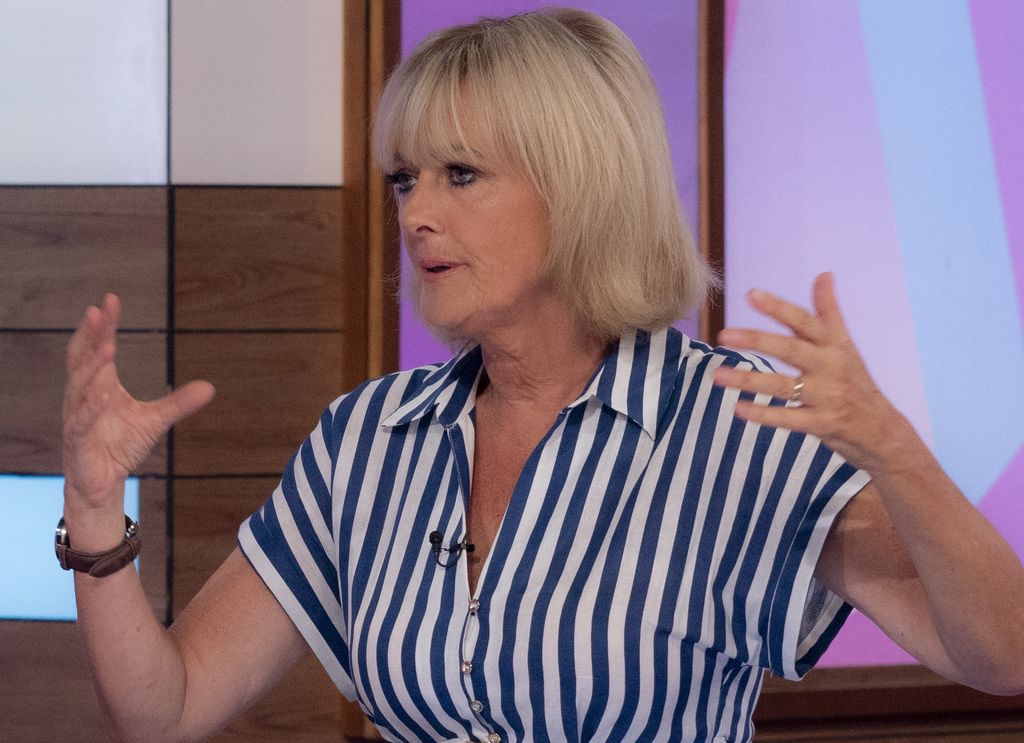 Jane Moore in a blue and white striped dress on Loose Women
