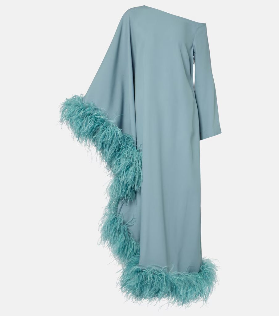 light blue one shoulder feathered gown