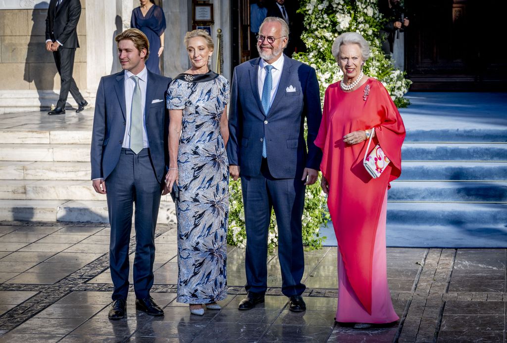 Count Michael Ahlefeldt-Laurvig-Bille, Princess Benedikte, Princess Alexandra (Berleburg) pose outside cathedral