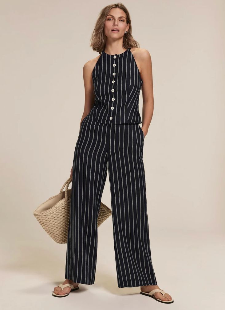 Mint Velvet Navy Linen Striped Wide Trousers