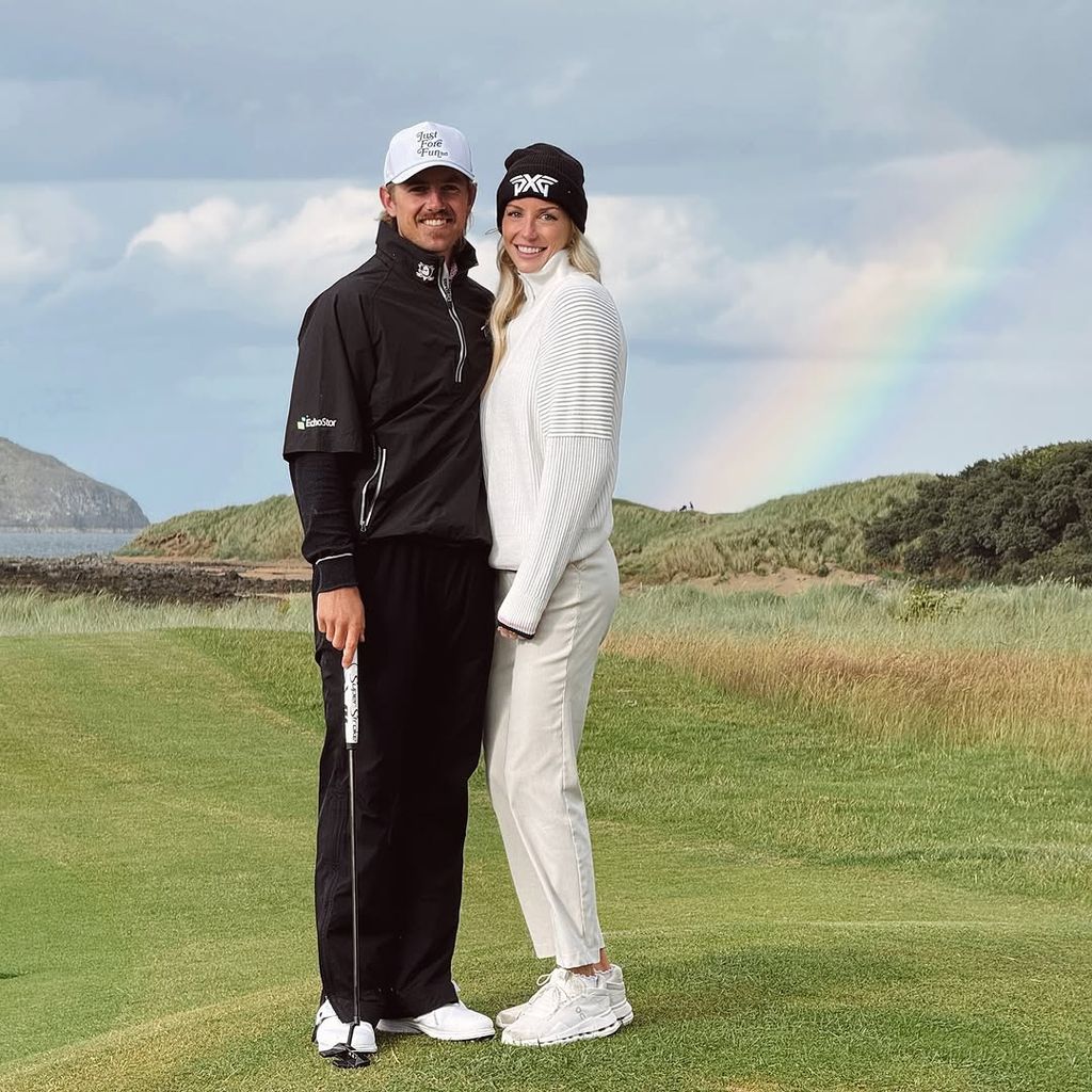 Jake Knapp and Makena White pose on the fairway