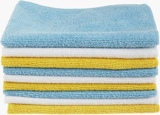 pile of yellow and blue microfibre cloths 