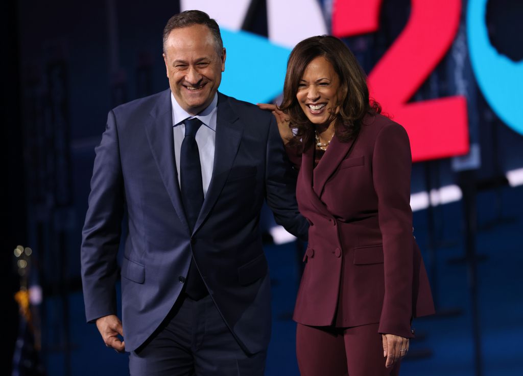 Democratic vice presidential candidate U.S. Senator Kamala Harris (D-CA) and her husband Douglas Emhoff appear on stage after Harris delivered her acceptance speech on the third night of the Democratic National Convention at the Chase Center on August 19, 2020 in Wilmington, Delaware. The convention, originally scheduled to attract 50,000 people to Milwaukee, Wisconsin, is now being held virtually due to the coronavirus pandemic. Harris is the first African-American, first Asian-American and third female vice presidential candidate on a major party's ticket