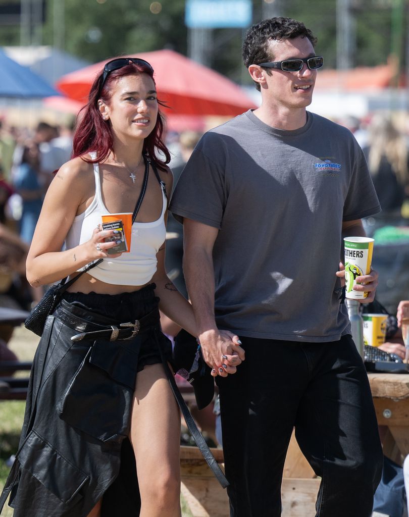 Dua Lipa and Callum Turner during day four of Glastonbury Festival 2024 at Worthy Farm, Pilton on June 29, 2024