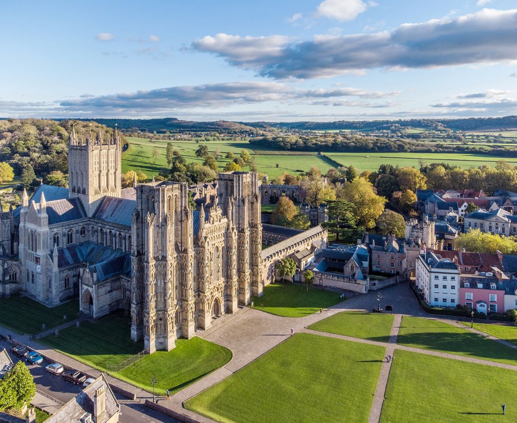Wells Cathedral from a high angle perspective.