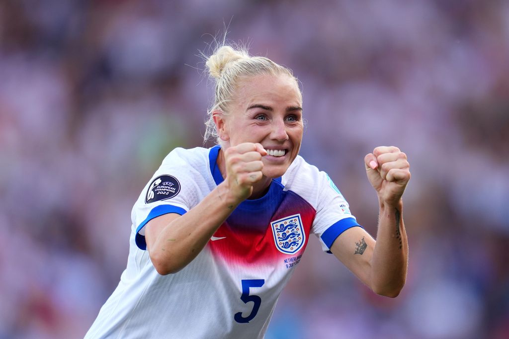 Alex Greenwood cheering grinning in england kit