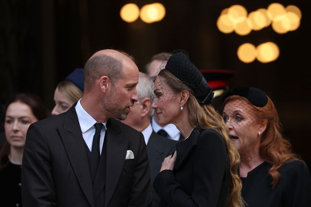 Britain's Prince William, Prince of Wales (L) and Britain's Catherine, Princess of Wales leave following a Requiem Mass, a Catholic funeral service, for the late Katharine, Duchess of Kent, at Westminster Cathedral