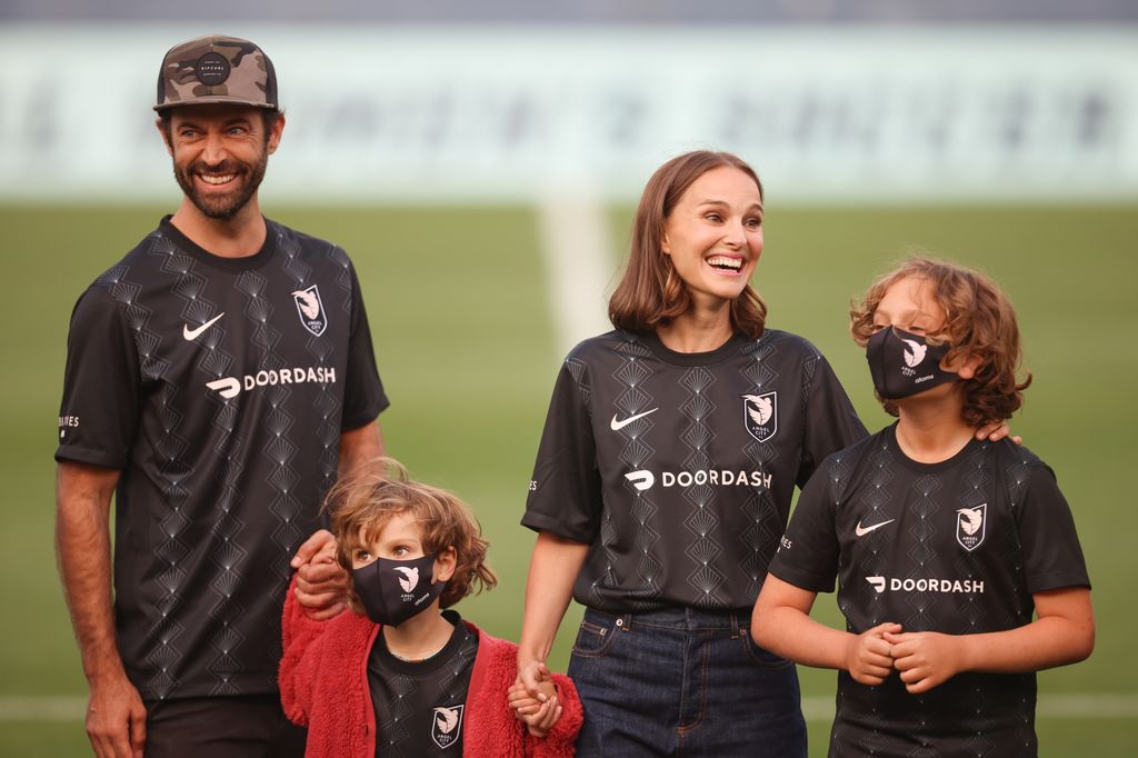Natalie Portman and her family at game between San Diego Wave FC and Angel City FC at Titan Stadium