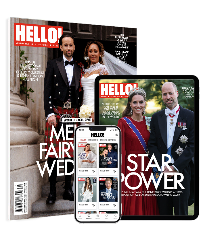 Cover of HELLO! magazine featuring Mel B and her husband on their wedding day. Mel B is wearing a glamorous white wedding gown with sheer, crystal-embellished sleeves and a long veil, holding a white bouquet.