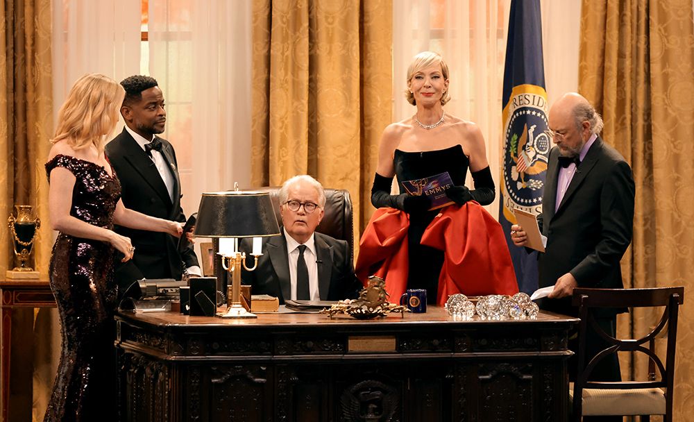 Janel Moloney, Dulé Hill, Martin Sheen, Allison Janney, and Richard Schiff speak onstage during the 76th Primetime Emmy Awards