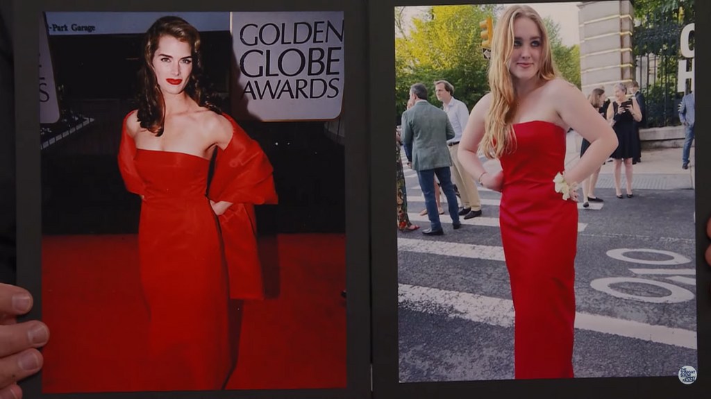 Left: Brooke Shields in a red dress 1998 Right: Rowan wearing the same dress now