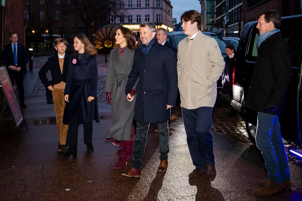 Prince Vincent, Princess Josephine, Crown Princess Mary, Crown Prince Frederik, Prince Christian and Prince Joachim arrive at the Christmas Eve service in Aarhus Cathedral, in Aarhus