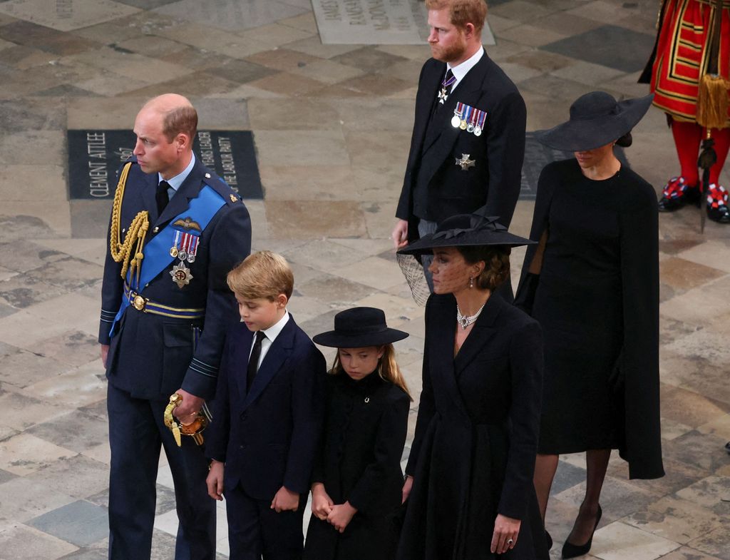 Prince William, Princess Kate, Prince George, Princess Charlotte, Prince Harry, and Meghan Markle and the Queen's funeral