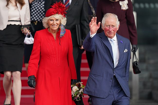 camilla in red and prince charles