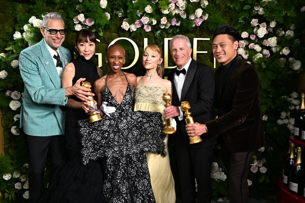 Jeff Goldblum, Michelle Yeoh, Cynthia Erivo, Ariana Grande, Marc Platt, and Jon M. Chu attend MoÃ«t & Chandon At The 82nd Annual Golden Globe Awards at The Beverly Hilton on January 05, 2025 in Beverly Hills, California