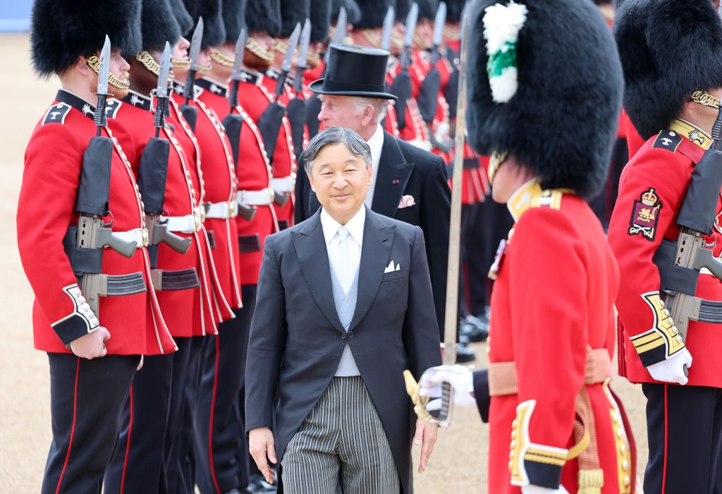 King Charles and Emperor Naruhito of Japan inspect the Guard of Honour formed of the 1st Battalion Welsh Guards at the ceremonial welcome
