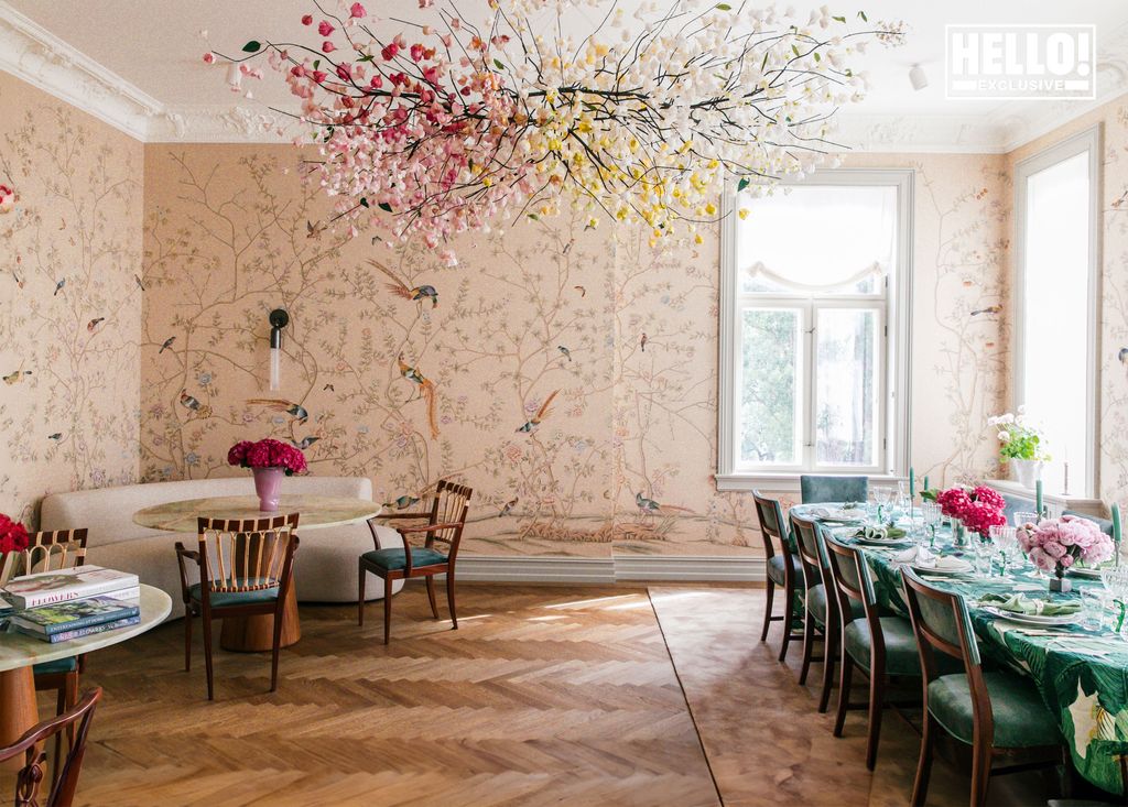 Camilla Austad Knutsen's floral dining room with flower chandelier at Oslo home