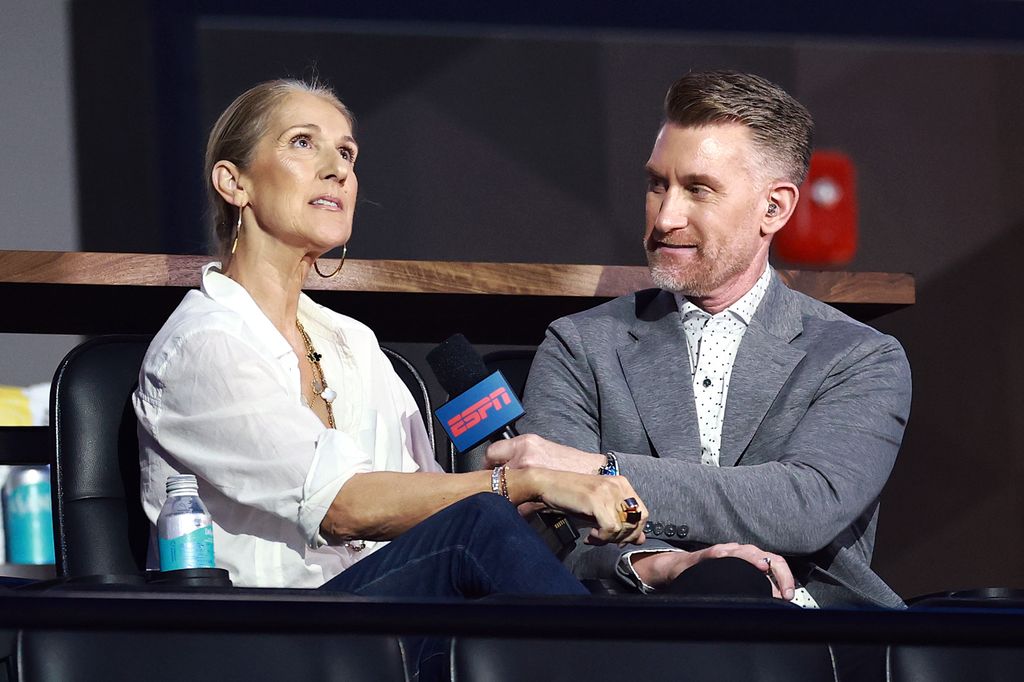 Recording artist Celine Dion is interviewed during the TGL presented by SoFi match between the Atlanta Drive GC and the Jupiter Links Golf Club at SoFi Center on March 04, 2025 in Palm Beach Gardens, Florida