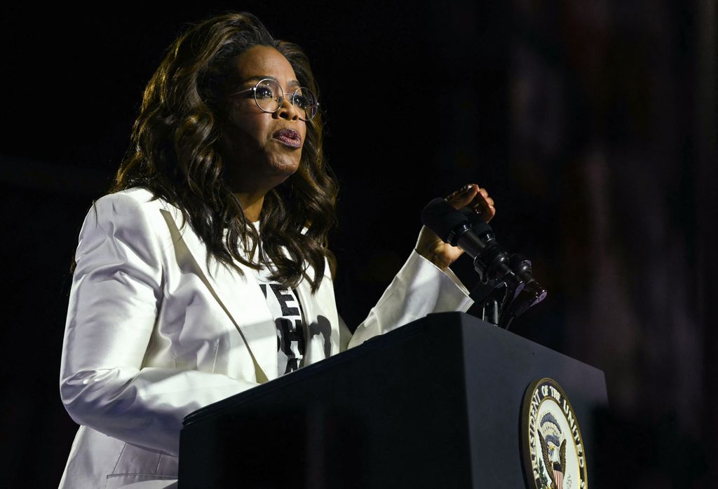 Oprah Winfrey speaks during a campaign rally with US Vice President and Democratic presidential candidate Kamala Harris on the Benjamin Franklin Parkway in Philadelphia, Pennsylvania on November 4, 2024