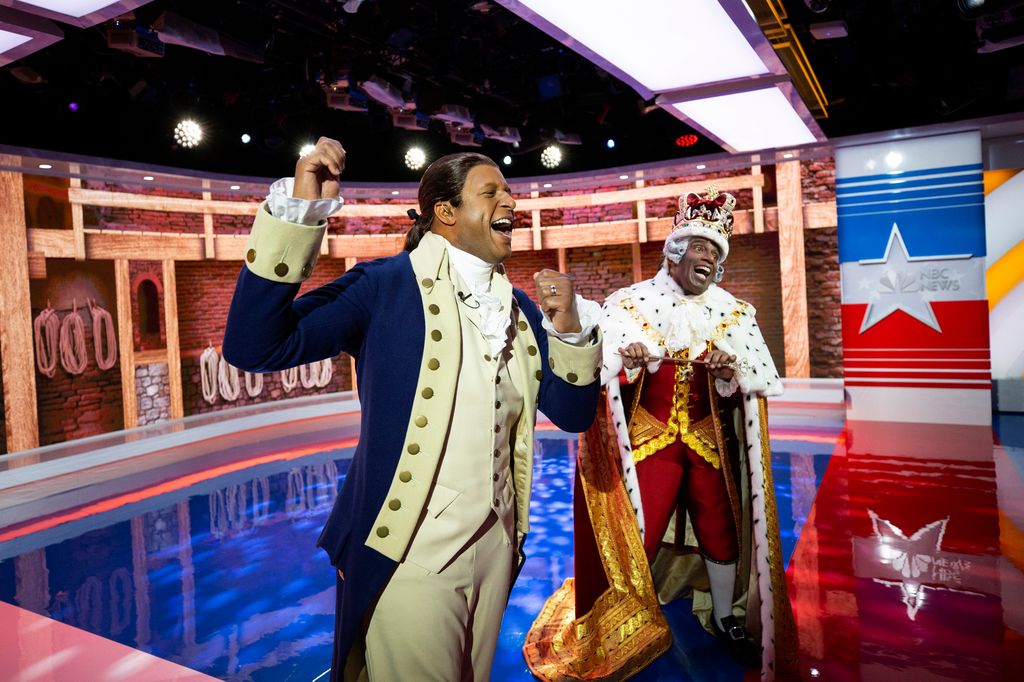 Best Broadway Live Costumes Reveal at Studio 1A - Pictured: (lr) Craig Melvin as Alexander Hamilton and Al Roker as King George III from HAMILTON on Friday, October 30, 2020