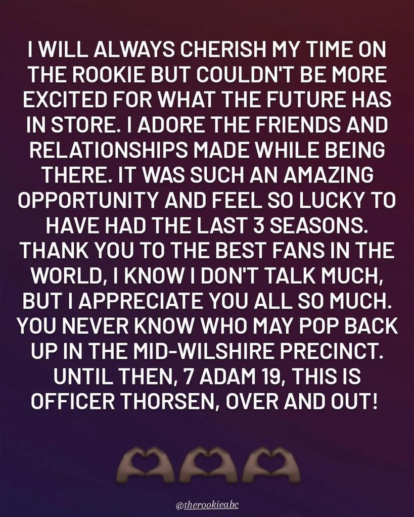 Tru Valentino's Instagram message to The Rookie fans 