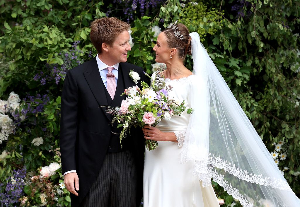 Hugh Grosvenor, Duke of Westminster and Olivia Grosvenor, Duchess of Westminster pose for photos after their wedding ceremony at Chester Cathedral