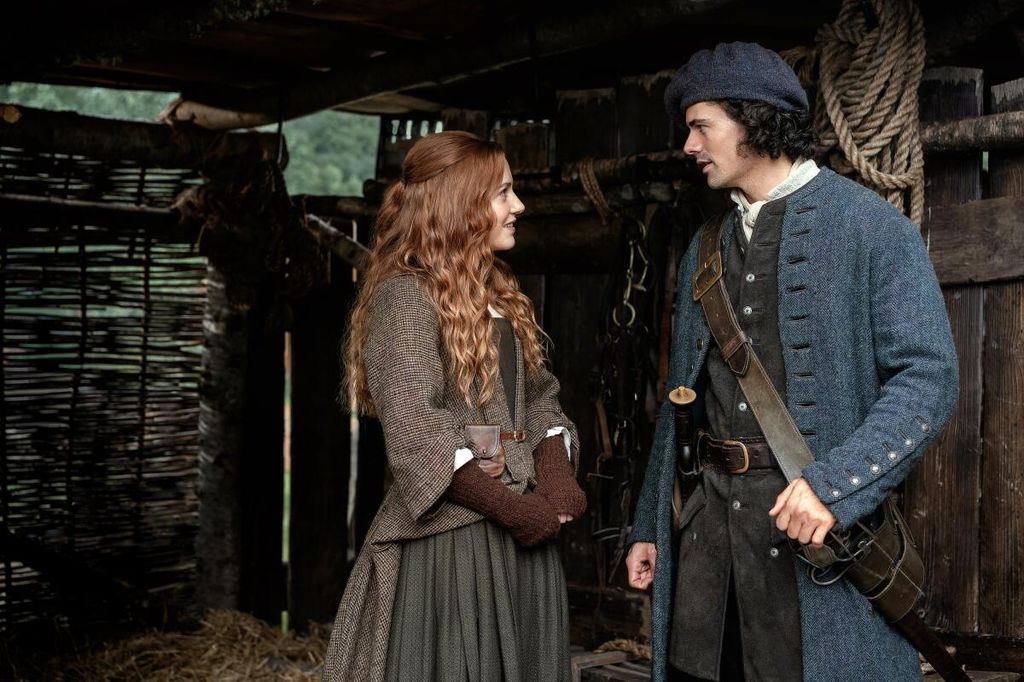 Harriet Slater as Ellen and Jamie Roy as Brian in a still from Outlander's prequel