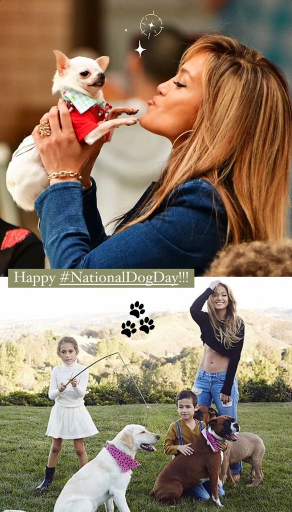 Photo shared by Jennifer Lopez on Instagram August 2023 in honor of International Dog Day. In one photo, she is holding up a white chihuahua, while in the other she is with her kids Max and Emme.