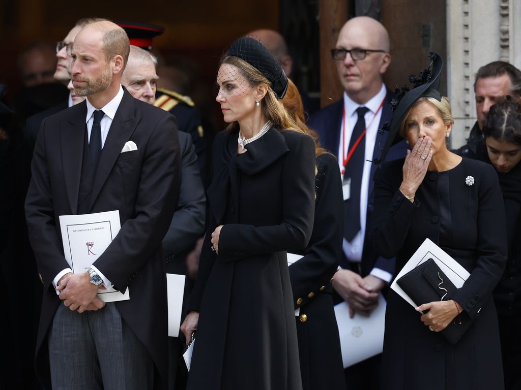 Prince William with Princess Kate and Duchess Sophie blowing a kiss at Duchess of Kent's funeral