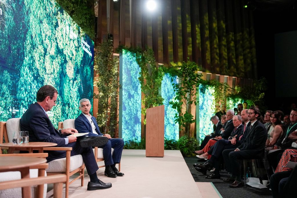 Mayor of London, Sadiq Khan and Mayor of Rio de Janeiro on stage in front of audience