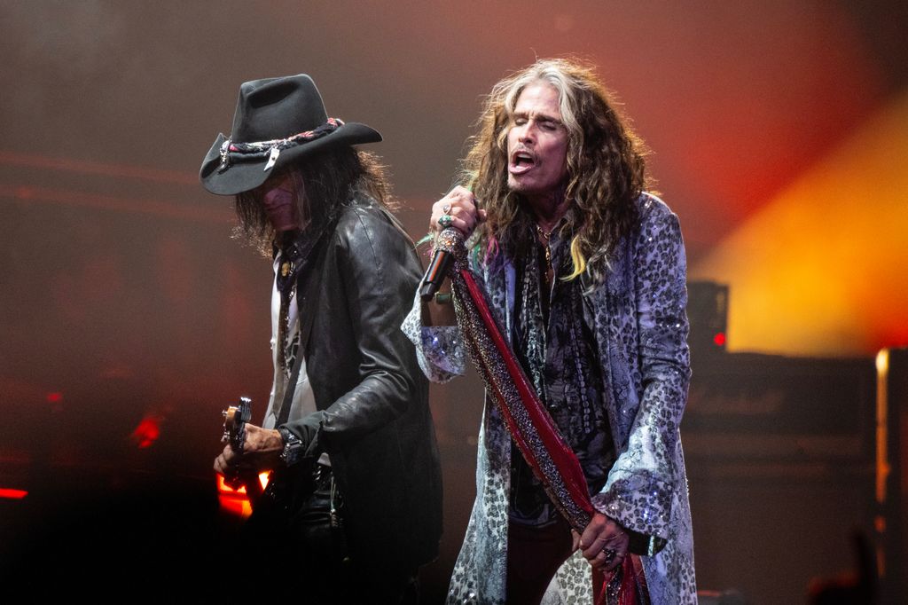 Joe Perry and Steven Tyler of Aerosmith perform live on stage at the Wells Fargo Center on September 02, 2023 in Philadelphia, Pennsylvania