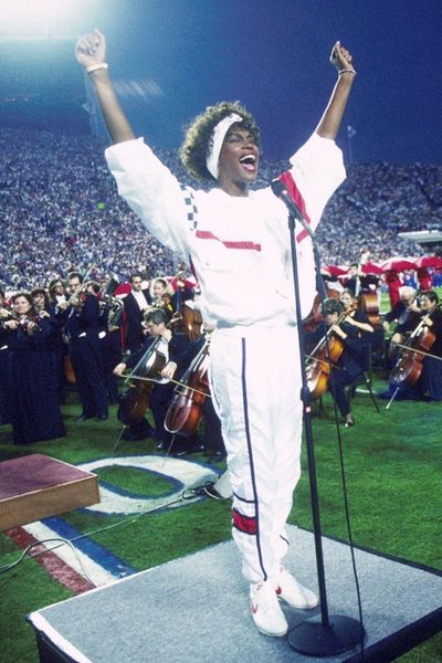 Whitney Houston sang the National Anthem during the pregame show at Super Bowl XXV 