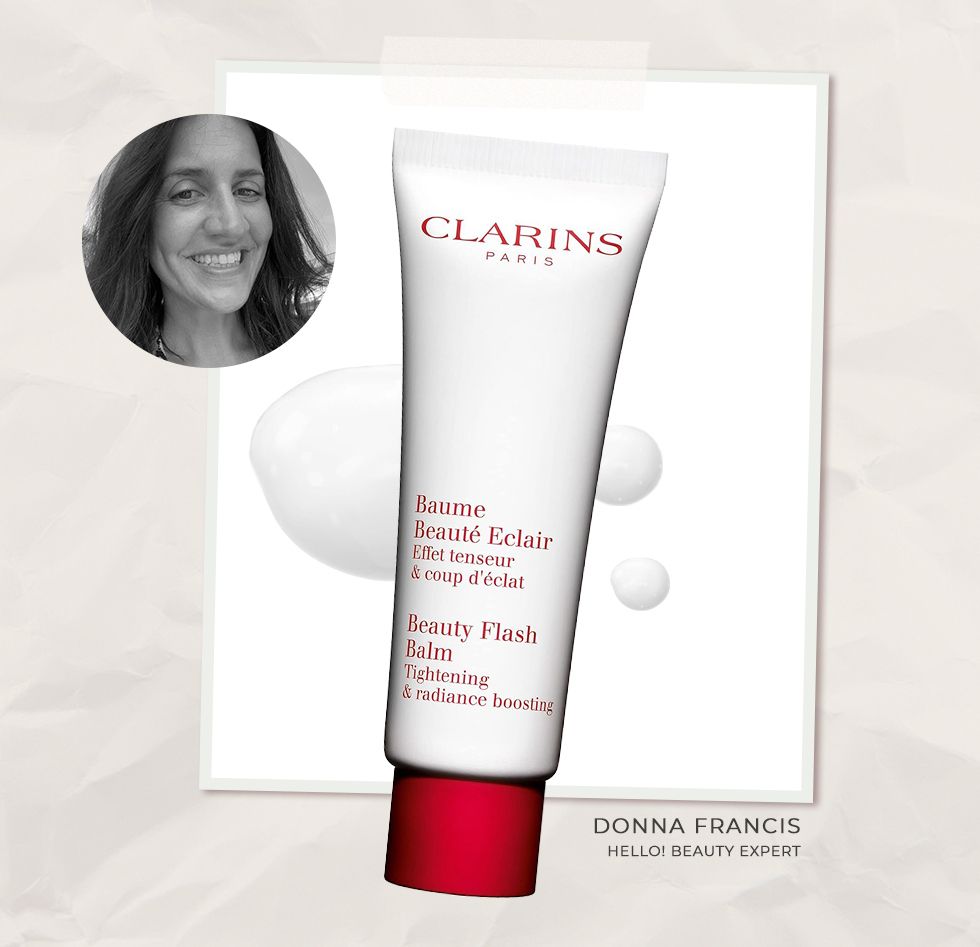 collage of headshot and clarins beauty flash balm