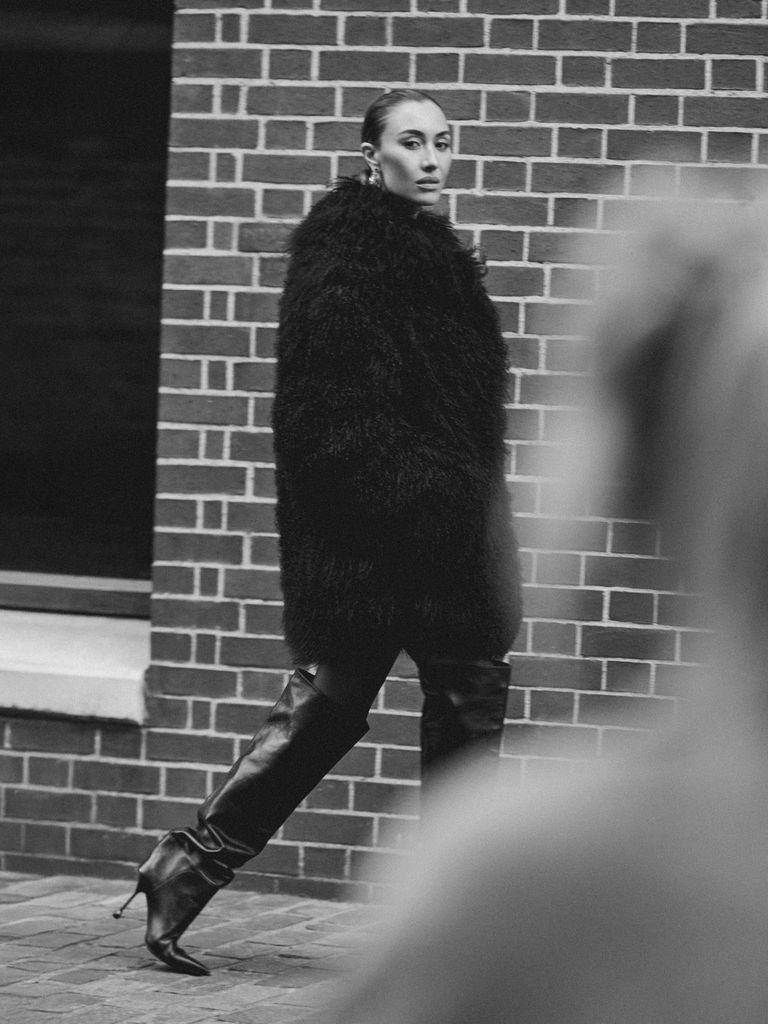 Coat: Josephine Jones, £2100.
Boots: Jimmy Choo, £1595.
Tights: Falke, £27.
Earrings: Alexis Bittar, $245