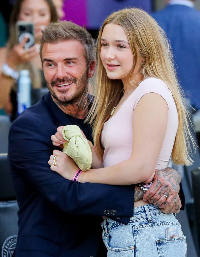 David Beckham and his daughter Harper during the Major League Soccer (MLS) regular season football match between Inter Miami CF and St. Louis CITY SC at Chase Stadium in Fort Lauderdale, Florida in June 1, 2024. 
