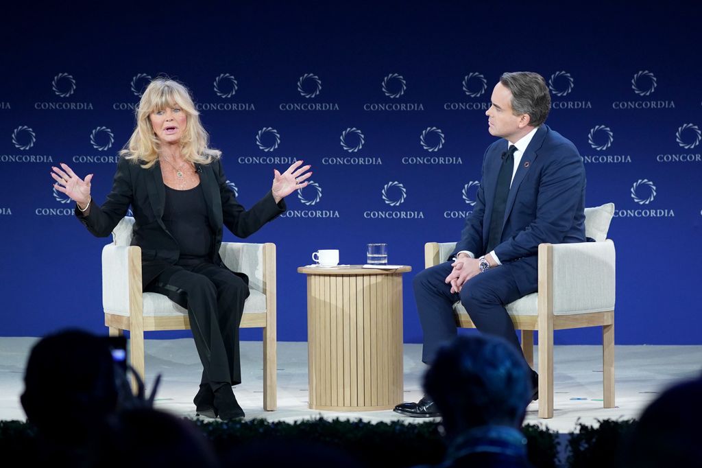 Goldie Hawn, Founder, The Goldie Hawn Foundation, and Matthew A. Swift, Co-Founder, President & CEO of Concordia, speak onstage during the 2025 Concordia Annual Summit at Sheraton New York Times Square on September 23, 2025 in New York City.