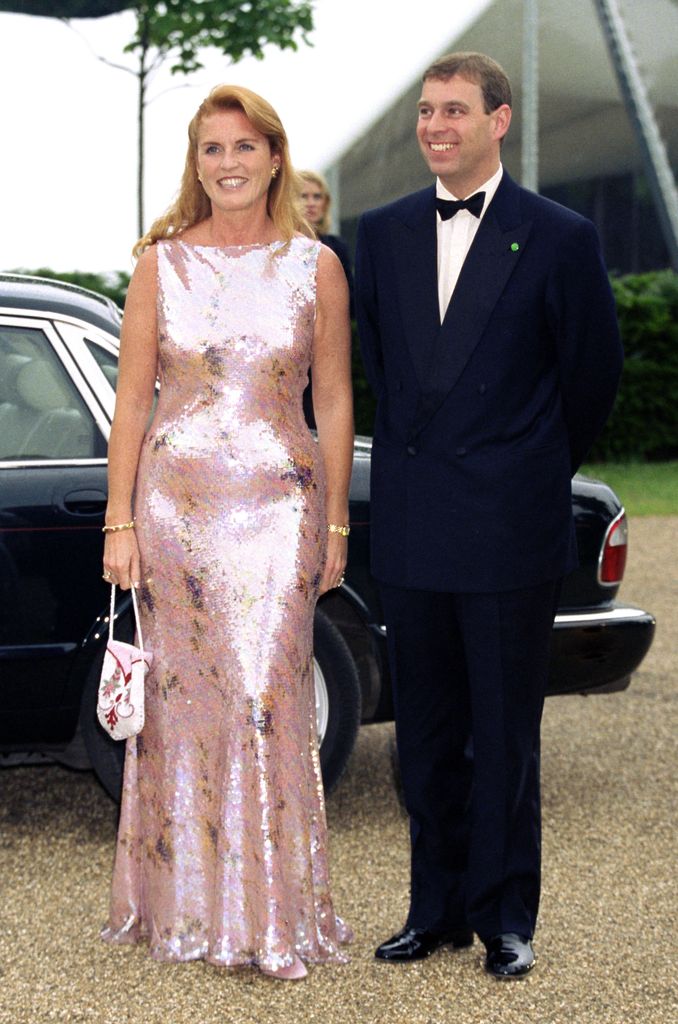 Sarah Ferguson smiled in a long, pink sequined dress alongside Andrew Mountbatten-Windsor, who wore a black bow tie and suit.