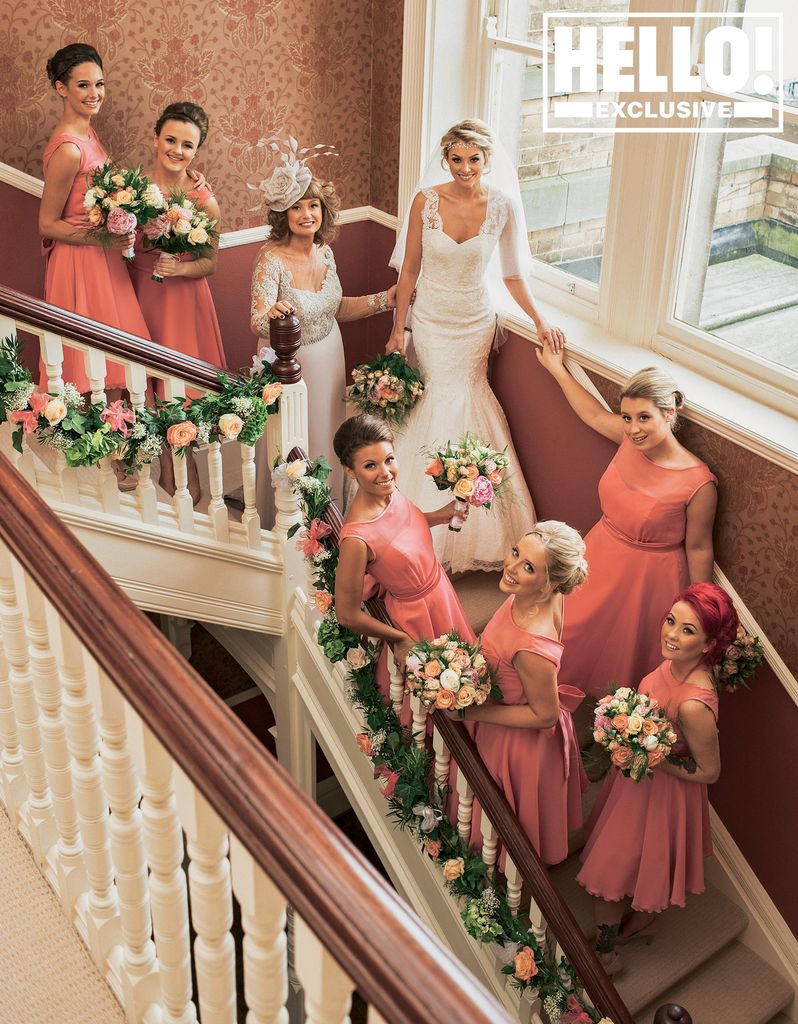 Georgia Jones with her bridesmaids on the stairs