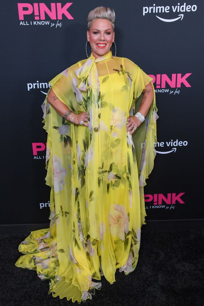 pink in yellow floral dress