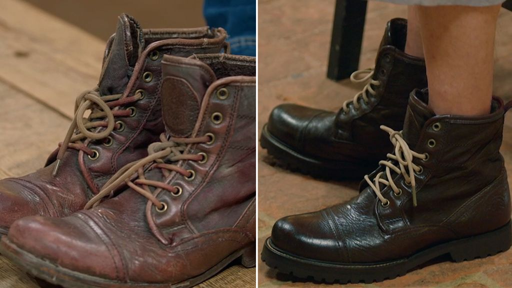 Before and after of restored boots on The Repair Shop