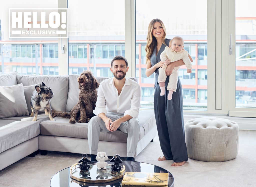 Bernardo Silva and wife Ines pose at home with baby Carlota
