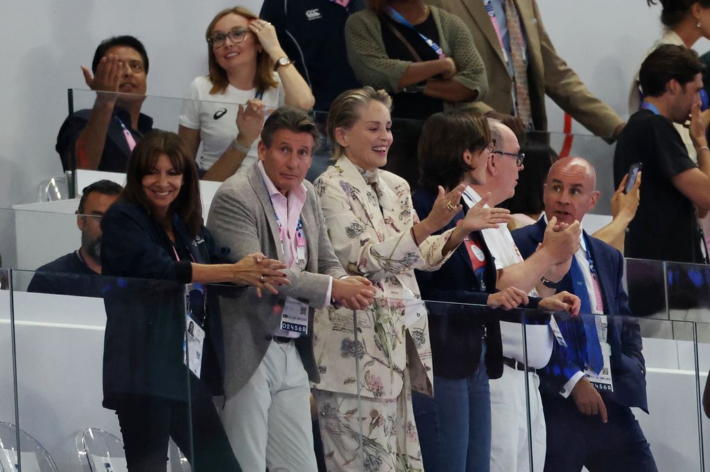  Sharon Stone attends the athletics on day nine of the Olympic Games Paris 2024 at Stade de France on August 04, 2024 in Paris, France. 