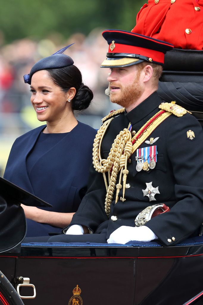 Meghan, Duchess of Sussex and Prince Harry, Duke of Sussex arrive at Trooping The Colour, the Queen's annual birthday parade, on June 08, 2019 in London, England. (Photo by Chris Jackson/Getty Images)