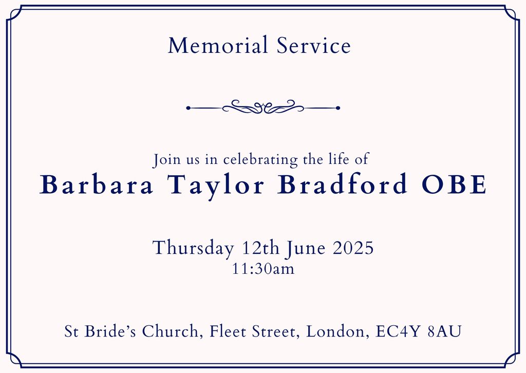 Memorial service card for Barbara Taylor Bradford 