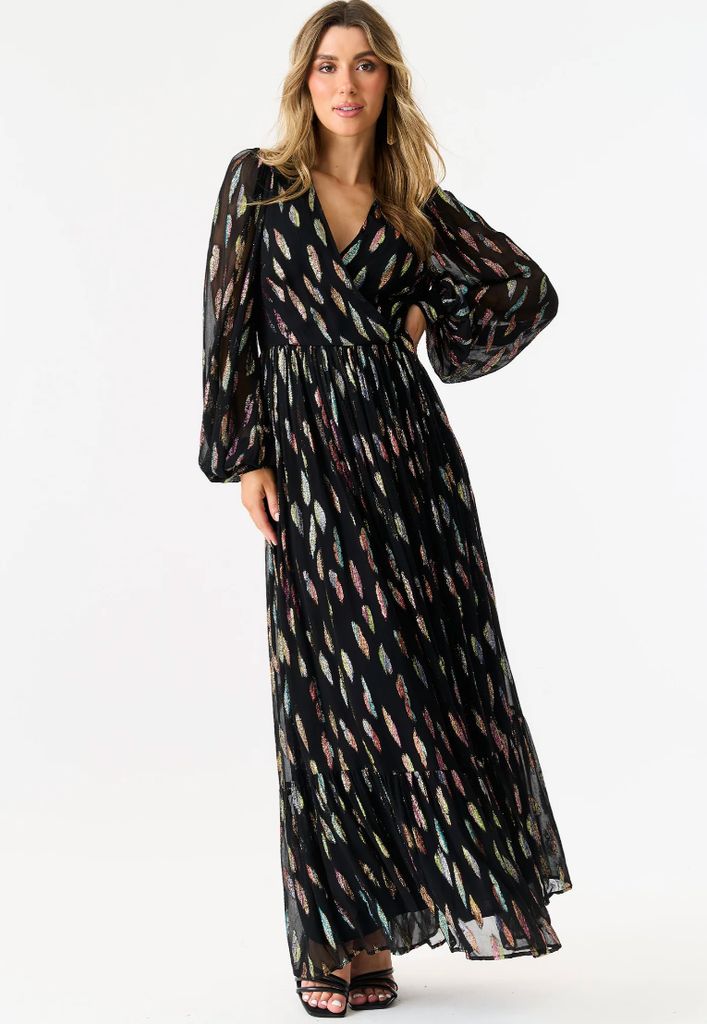 Gini London Black Metallic Print Full Sleeve Maxi Dress