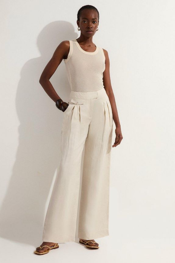 Karen Millen Viscose Linen Pleat And Pocket Detail Woven Straight Leg Trouser