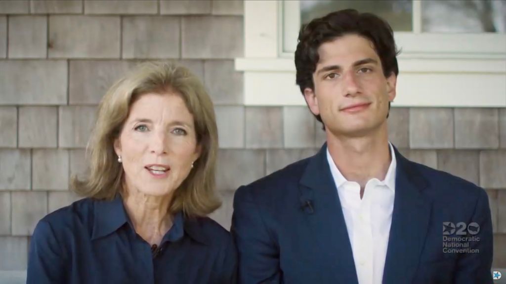 In this screenshot from the DNCC's livestream of the 2020 Democratic National Convention, Former U.S. Ambassador to Japan and daughter of President John F. Kennedy Caroline Kennedy and son Jack Schlossberg, grandson of President John F. Kennedy speak during the virtual convention on August 18, 2020.  The convention, which was once expected to draw 50,000 people to Milwaukee, Wisconsin, is now taking place virtually due to the coronavirus pandemic